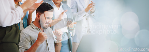 Image of Clapping, laptop and winning people in office success, congratulations and celebration of company target sales. Winner, wow and applause for worker, employees or man promotion, news or opportunity