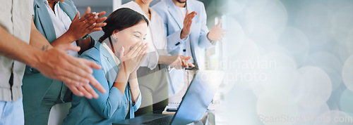 Image of Clapping, laptop and winner woman in office success, congratulations and celebration of company target sales. Achievement, goals and applause worker, employee or person promotion, news or opportunity