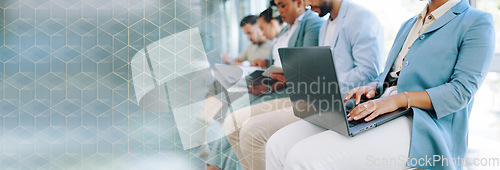 Image of Hands, laptop or waiting and a business woman in line for her hiring interview with human resources. Computer, resume and recruitment with a female candidate sitting in a row for a company vacancy