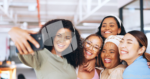 Image of Selfie, office and business women smartphone for social media post, website about us and profile picture update of diversity. Workplace culture, gen z and peace sign of employees in phone photography