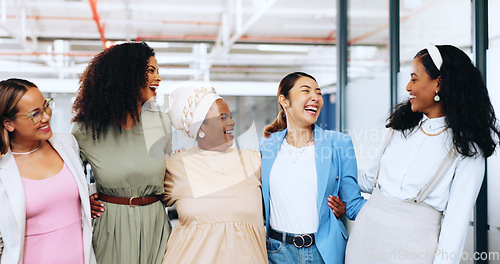 Image of Diversity, women and work friends hug, smile and team building for startup company, laugh and talking. Multiracial, business and female coworkers embrace, marketing campaign and advertising strategy.