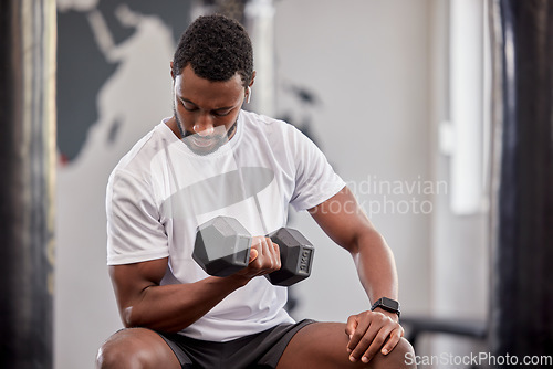 Image of Black man, weight training and gym dumbbell of a athlete doing bodybuilder cardio. Healthy, wellness and sports workout for strong arm muscle in a exercise studio with power lifting and fitness