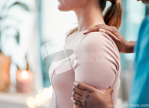 Image of Closeup, arm and chiropractor with woman for physiotherapy, injury and alignment in consultation room. Physiotherapist, hands and injured girl consulting professional for joint, problem and issue