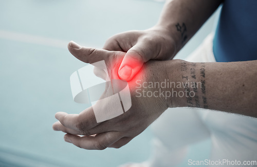 Image of Hand pain, sport injury and person with fitness, muscle tension or torn ligament, gymnast at gym and red overlay. Sports accident, medical emergency and competition with gymnastics, inflamed of joint