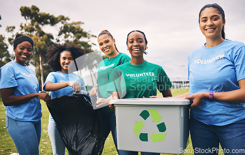 Image of Young people, recycling and volunteer portrait of group doing outdoor waste and garbage cleaning. Earth day, charity and community clean up project with student teamwork to recycle for sustainability