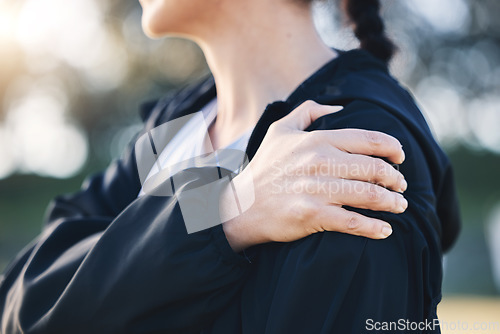 Image of Closeup, shoulder pain and woman with stress, burnout and muscle tension with girl outdoor. Fitness, female athlete and lady with ache, inflammation and injury with emergency, accident and outside