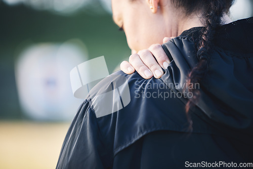 Image of Back, fitness and woman with shoulder pain, tired and burnout after training, workout and exercise. Female, athlete or lady with injury, muscle tension or strain with inflammation or physical therapy