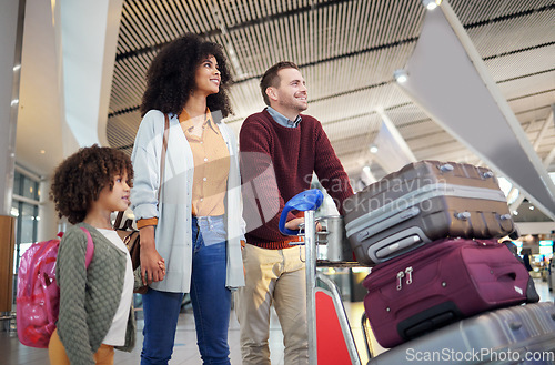 Image of Travel, airport and happy family with luggage for holiday, vacation or immigration for international journey. Suitcase, bag and black woman or diversity parents with child or kid walking together