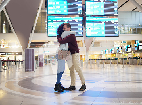 Image of Couple, hug and goodbye at airport for travel, trip or flight in farewell for long distance relationship. Man and woman hugging before traveling, departure or immigration arrival waiting for airline