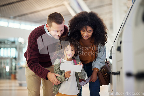 Image of Airport ticket, happy family and child with flight booking, payment receipt or self service registration. Diversity parents or mother and father with girl kid for travel document check at POS machine