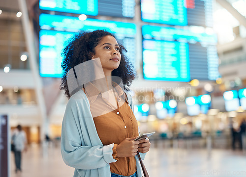 Image of Passport, airport and black woman thinking of international journey, travel information and schedule search in lobby. Young person with identity document at terminal for flight booking or immigration