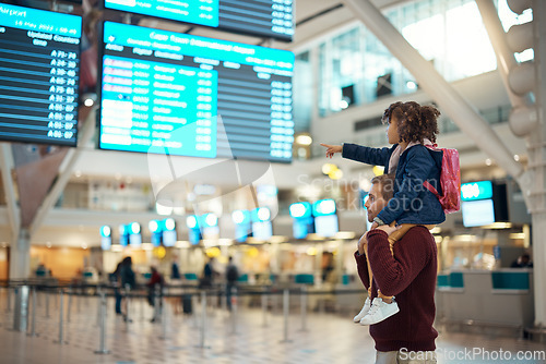 Image of Airport, travel and father with his child on his shoulders reading the schedule or time board. Trip, family and young man carrying his girl kid while walking to the terminal to board their flight.