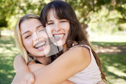 Image of Nature, women and portrait of friends hugging with love, care and happiness in a garden. Happy, friendship and females embracing with excitement in an outdoor park while on holiday together in Canada