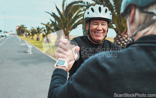 Image of Roller skate, holding hands and senior couple smile in city for exercise, fitness hobby and skating activity. Retirement, wellness and happy elderly man helping woman for balance, training and sports