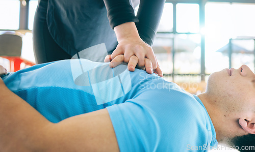 Image of First aid, cpr and resuscitation with a woman learning how to revive a person suffering from trauma or emergency. Respiration, breathing and health with a female training as a lifeguard in rescue