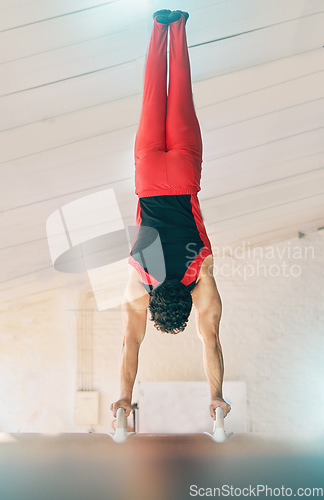 Image of Horse, gymnastics and fitness with a sports man training for an event or competition. Exercise, balance and games with a male athlete or gymnast in a studio or gym for competitive sport.