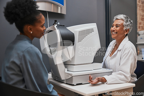 Image of Eye doctor, happy or black woman consulting for eyesight advice at optometrist or ophthalmologist on medical aid. Customer talking or asking questions to check vision health with a senior optician