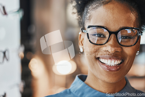 Image of Glasses portrait, black woman and customer in a store with happiness and mockup. Eye consulting, smile and eyewear assessment in a frame shop for vision test and prescription exam with mock up