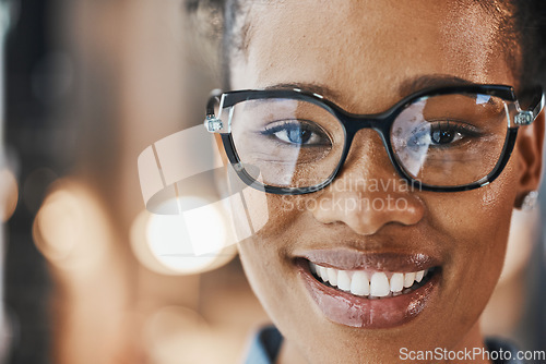 Image of Vision, mockup and portrait of black woman with glasses for eyesight on blurred background with bokeh. Prescription eyewear, smile and eyes, happy african model for eye care and cool spectacle frame.