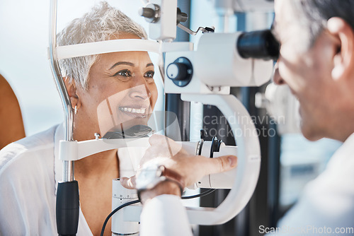 Image of Senior woman, eye exam and optometrist with medical eyes test at doctor consultation. Vision, healthcare focus and old female patient with consulting wellness expert for lens and glasses check
