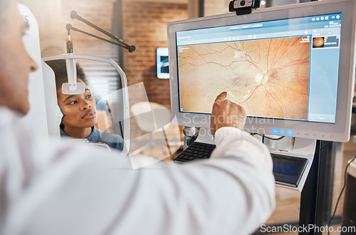 Image of Tomography, medical and ophthalmology with eye exam and doctor for vision, healthcare and screening test. Lens, review and optometry with patient and man for retina picture, results and medicine