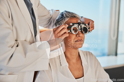 Image of Senior woman, eye exam and medical eyes test of an elderly female at doctor consultation. Vision, healthcare focus and old patient with consulting wellness expert for lens and glasses support check