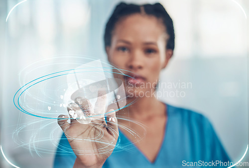 Image of Futuristic healthcare, nurse with hologram and black woman for wellness, medical care and global research. Digital mockup, 3d overlay and doctor hand for user interface, ai tech and telehealth system