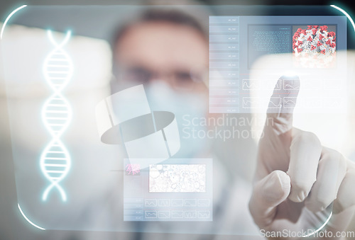 Image of Futuristic healthcare, hologram and hands of doctor for wellness app, medical abstract and research. Digital mockup, 3d overlay and health worker with user interface, ai screen and telehealth system