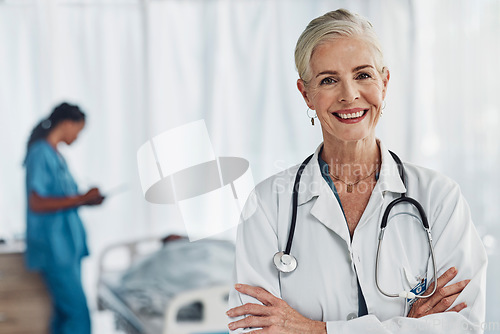 Image of Leadership, smile and portrait of senior woman doctor in hospital with confidence and success in medical work. Health, medicine and face of confident mature professional with stethoscope and mockup.