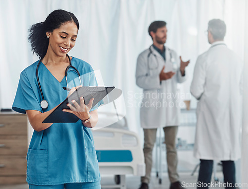 Image of Doctor, clipboard or black woman writing checklist for healthcare notes, medical information or prescription. Nurse, medicine or worker for documents, wellness report planning or paper administration