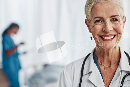 Image of Healthcare, smile and portrait of senior woman doctor in hospital with confidence and success in medical work. Health, medicine and face of confident mature professional with stethoscope and mockup.