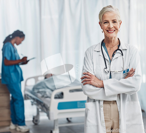 Image of Healthcare, leadership and portrait of senior woman doctor in hospital with confidence and success in medical work. Health, pride and medicine, confident mature professional with stethoscope in room.