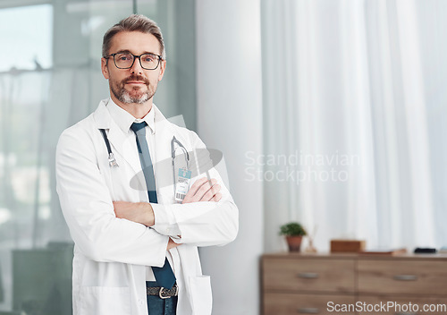 Image of Healthcare, leadership and portrait of doctor, man in hospital for support, success and help in medical work. Health, wellness and medicine, confident mature professional with stethoscope and mockup.