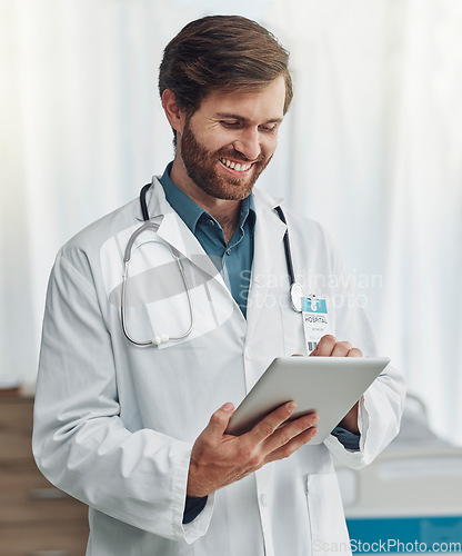 Image of Healthcare, research and doctor with smile on tablet for wellness, medical abstract and analysis. Hospital, insurance and health worker on digital tech for internet, patient data and telehealth app