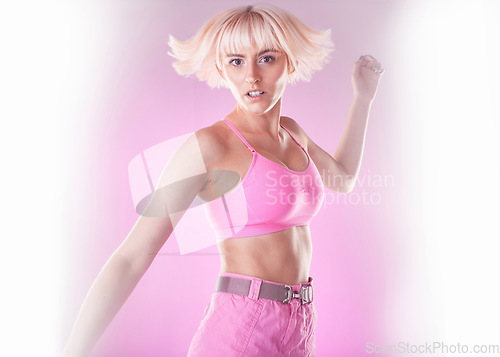 Image of Fashion, woman and jump portrait on pink background in studio for cyberpunk, avatar or ai. Aesthetic model person face for beauty and futuristic style for art, fantasy or gen z on backdrop