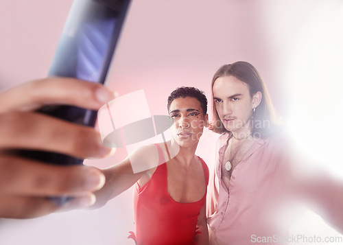 Image of Gen z, selfie and men with style, fashion and friends with mockup, confident and studio background. Gay, queer people and guys with smartphone, capture moment and picture with edgy and trendy clothes