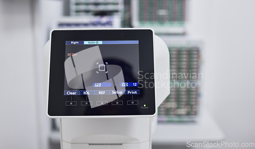 Image of Optometry, healthcare and digital screen for eye exam with machine for vision test, eyesight and optical assessment. Technology, ophthalmology and medical camera for retina, scan eyes and optometrist