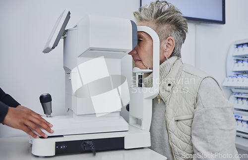 Image of Eye exam, optometry and senior woman with test for medical, healthcare and vision wellness. Eyes consultation of elderly person with professional optometrist machine or technology for lens services