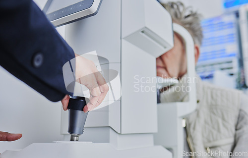 Image of Ophthalmology, medical and eye exam with patient and doctor for healthcare, vision or consulting. Technology, medicine and optometry with senior woman and retinal screening for optician and treatment