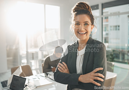 Image of Portrait of happy business woman in office management, company vision and excited career opportunity, goals and leadership. Professional worker or person proud for workflow, mission and job integrity