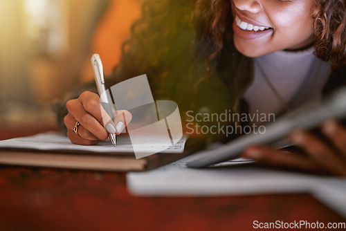 Image of Musician, hands or song writing paper and tablet in recording studio for album, night performance or radio industry. Zoom, happy or singer woman with artist sheets of production, singing or jazz idea