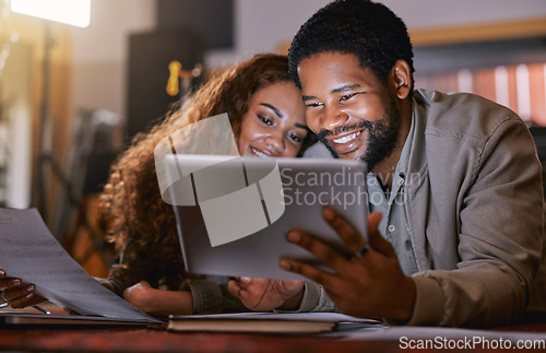 Image of Music, songwriter and tablet with black couple in recording studio for creative, lyrics planning or internet. Production, technology and social media with man and woman for musician, audio or digital