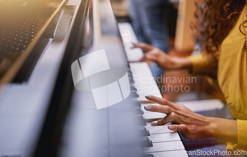 Image of Musician woman, hands or playing piano in studio album recording, organ learning or jazz education for label industry. Zoom, fingers or singer on pianist instrument for radio, theater or production