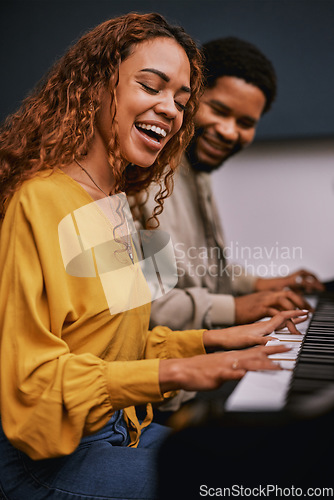 Image of Friends, musicians and playing piano in studio album recording, night learning or education coaching for label industry. Smile, happy and singer woman with pianist instrument for radio collaboration