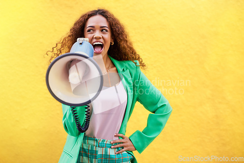 Image of Woman, megaphone and announcement on yellow background of speech, review and mockup. Female, attention and voice for audio, news and broadcast of opinion, mock up space and gen z talking on speaker