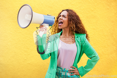 Image of Megaphone, woman and shouting on yellow background of speech, broadcast and protest noise. Female, announcement and screaming voice for justice, news and attention of opinion, gen z speaker and power