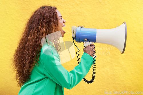 Image of Megaphone, woman and screaming on yellow background of speech, broadcast and protest noise. Female, announcement and shouting voice for justice, news and attention of opinion, gen z speaker and power