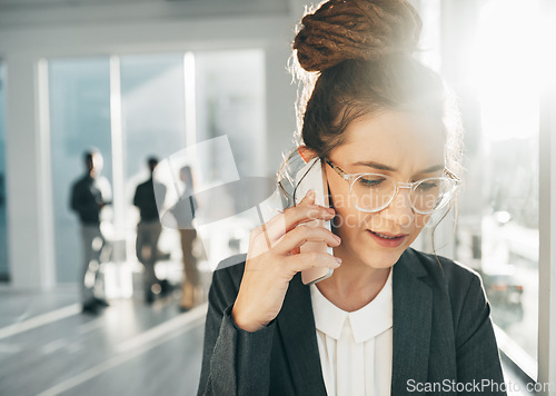 Image of Anxiety, stress and phone call of businesswoman in office with worry, confused face and mobile. Worried female worker talking on smartphone, conversation and communication of risk, crisis and problem