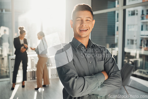 Image of Leader, portrait and businessman proud in office happy, smile and empowered, ambition and mindset. Face, vision and male ceo at startup company for management, mission and productive coworking space