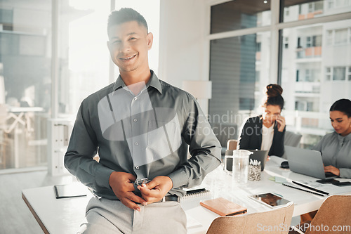 Image of Portrait, happy and businessman in office smile, excited and empowered, ambition and positive mindset. Face, vision and male leader at startup company for management, mission and team productivity